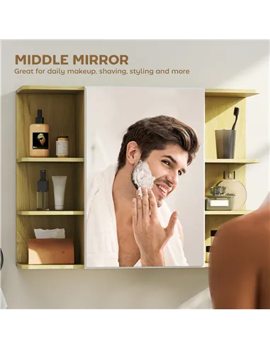 HOMCOM Bathroom Mirror Cabinet with Open Storage Shelves - Natural Wood Finish