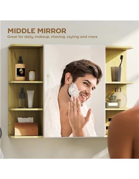 HOMCOM Bathroom Mirror Cabinet with Open Storage Shelves - Natural Wood Finish