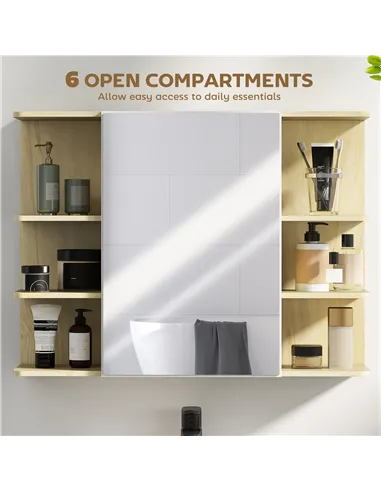 HOMCOM Bathroom Mirror Cabinet with Open Storage Shelves - Natural Wood Finish