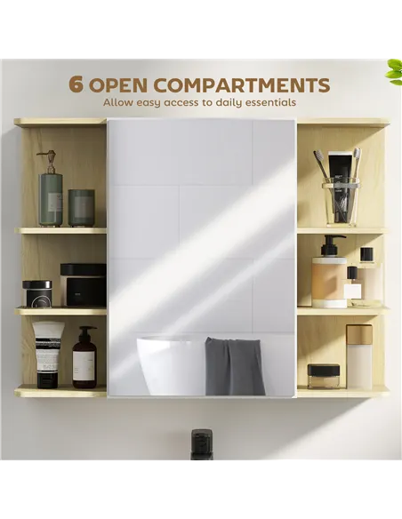 HOMCOM Bathroom Mirror Cabinet with Open Storage Shelves - Natural Wood Finish