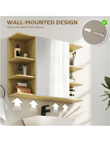 HOMCOM Bathroom Mirror Cabinet with Open Storage Shelves - Natural Wood Finish