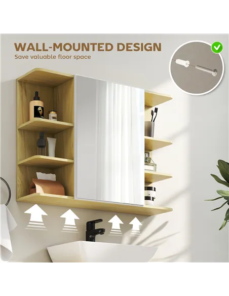HOMCOM Bathroom Mirror Cabinet with Open Storage Shelves - Natural Wood Finish