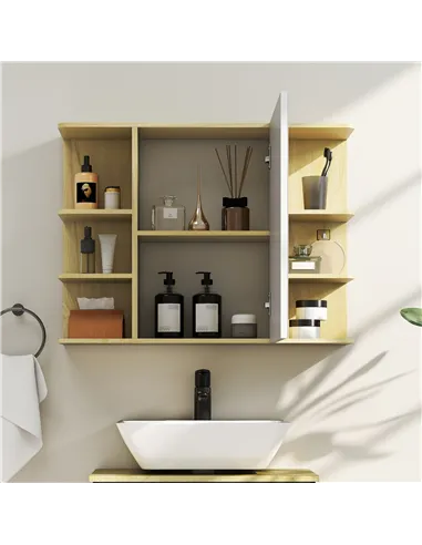 HOMCOM Bathroom Mirror Cabinet with Open Storage Shelves - Natural Wood Finish