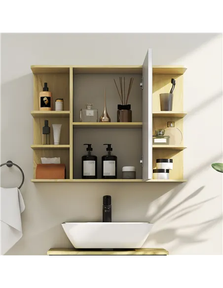 HOMCOM Bathroom Mirror Cabinet with Open Storage Shelves - Natural Wood Finish