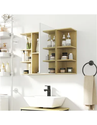 HOMCOM Bathroom Mirror Cabinet with Open Storage Shelves - Natural Wood Finish