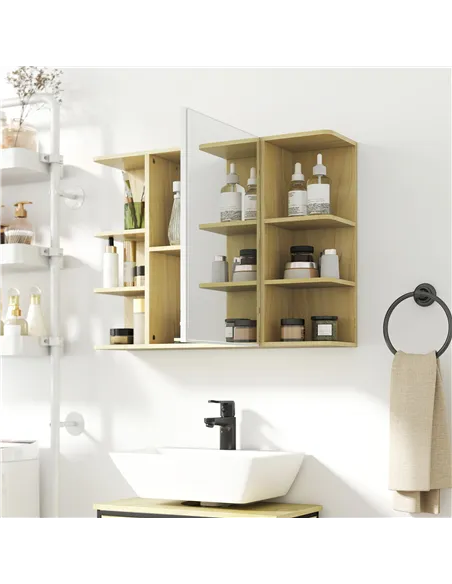 HOMCOM Bathroom Mirror Cabinet with Open Storage Shelves - Natural Wood Finish