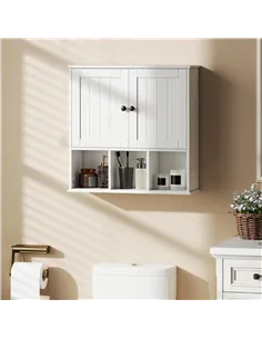 HOMCOM Farmhouse Bathroom Wall Cabinet, Wall Mounted Medicine Cabinet with Adjustable Shelf, Open Compartments, White 2