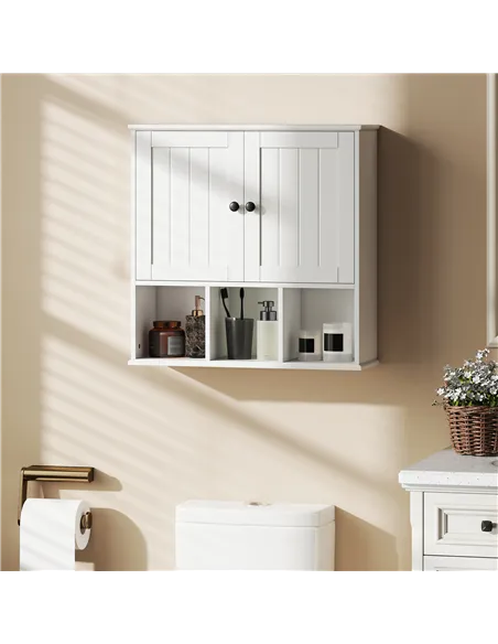 HOMCOM Farmhouse Bathroom Wall Cabinet, Wall Mounted Medicine Cabinet with Adjustable Shelf, Open Compartments, White