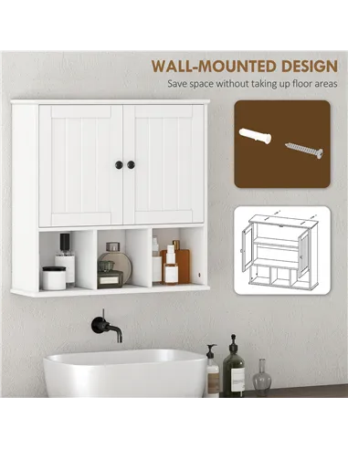 HOMCOM Farmhouse Bathroom Wall Cabinet, Wall Mounted Medicine Cabinet with Adjustable Shelf, Open Compartments, White