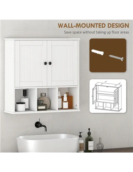 HOMCOM Farmhouse Bathroom Wall Cabinet, Wall Mounted Medicine Cabinet with Adjustable Shelf, Open Compartments, White