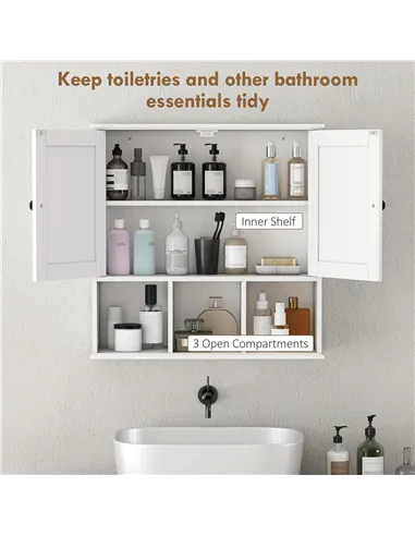 HOMCOM Farmhouse Bathroom Wall Cabinet, Wall Mounted Medicine Cabinet with Adjustable Shelf, Open Compartments, White