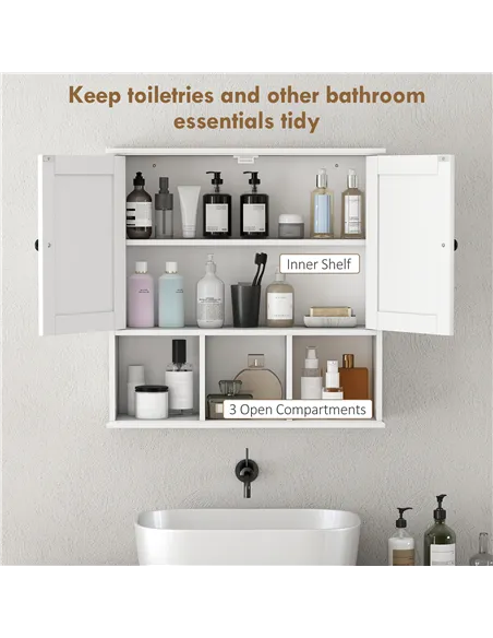 HOMCOM Farmhouse Bathroom Wall Cabinet, Wall Mounted Medicine Cabinet with Adjustable Shelf, Open Compartments, White