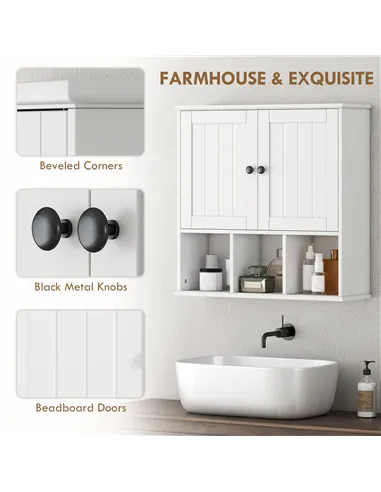 HOMCOM Farmhouse Bathroom Wall Cabinet, Wall Mounted Medicine Cabinet with Adjustable Shelf, Open Compartments, White