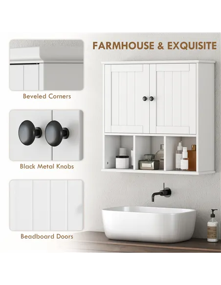HOMCOM Farmhouse Bathroom Wall Cabinet, Wall Mounted Medicine Cabinet with Adjustable Shelf, Open Compartments, White