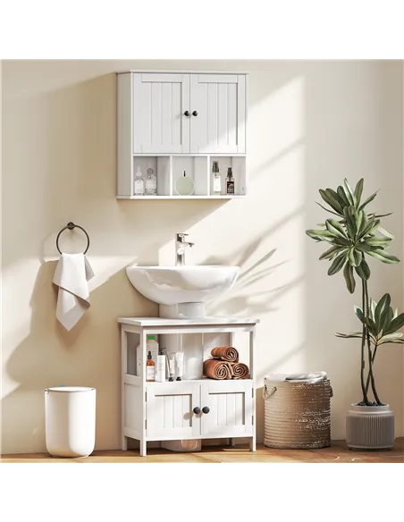 HOMCOM Farmhouse Bathroom Wall Cabinet, Wall Mounted Medicine Cabinet with Adjustable Shelf, Open Compartments, White