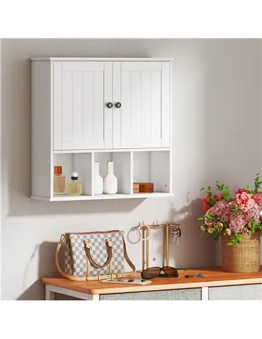 HOMCOM Farmhouse Bathroom Wall Cabinet, Wall Mounted Medicine Cabinet with Adjustable Shelf, Open Compartments, White