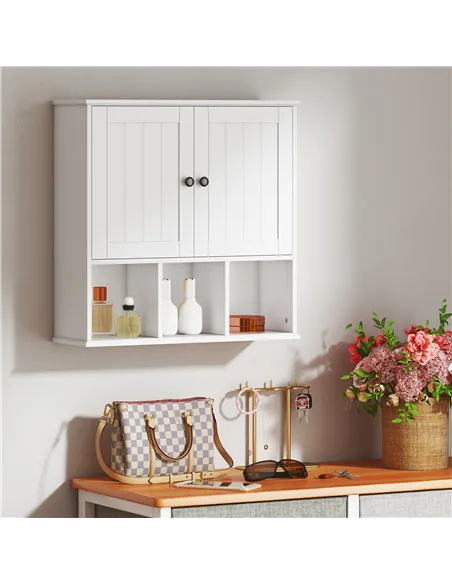HOMCOM Farmhouse Bathroom Wall Cabinet, Wall Mounted Medicine Cabinet with Adjustable Shelf, Open Compartments, White