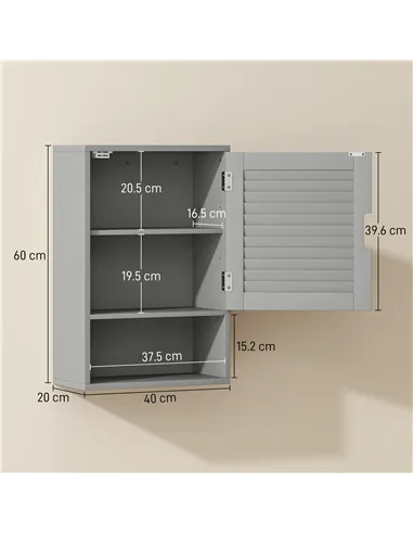 HOMCOM Bathroom Cabinet, Wall Mounted Storage Cabinet with Adjustable Shelves, 40 x 20 x 60 cm, Grey