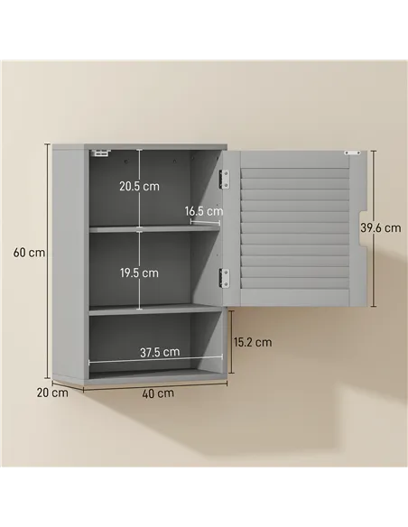 HOMCOM Bathroom Cabinet, Wall Mounted Storage Cabinet with Adjustable Shelves, 40 x 20 x 60 cm, Grey
