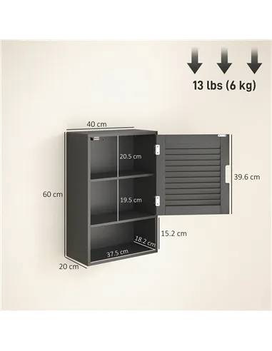 HOMCOM Bathroom Cabinet, Wall Mounted Storage Cabinet with Adjustable Shelves, 40 x 20 x 60 cm, Black