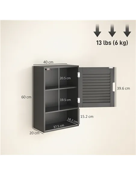 HOMCOM Bathroom Cabinet, Wall Mounted Storage Cabinet with Adjustable Shelves, 40 x 20 x 60 cm, Black