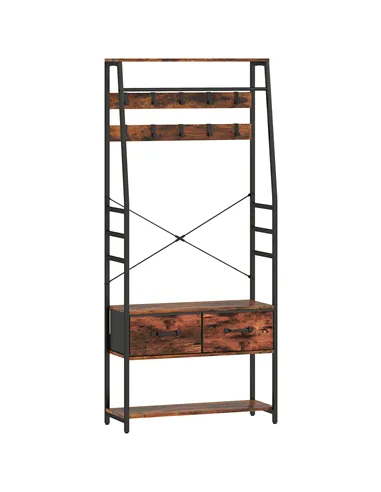 HOMCOM 6-in-1 Industrial-Style Hallway Organiser - Brown/Black