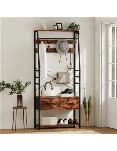 HOMCOM 6-in-1 Industrial-Style Hallway Organiser - Brown/Black