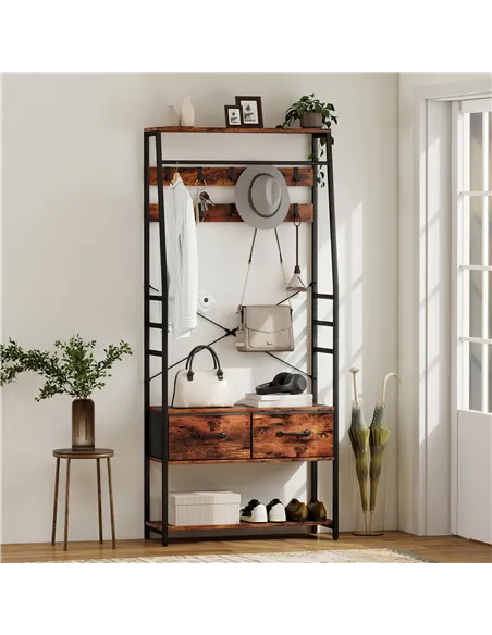 HOMCOM 6-in-1 Industrial-Style Hallway Organiser - Brown/Black