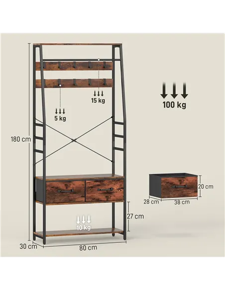 HOMCOM 6-in-1 Industrial-Style Hallway Organiser - Brown/Black