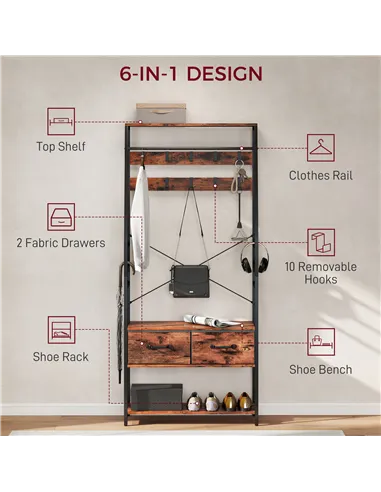 HOMCOM 6-in-1 Industrial-Style Hallway Organiser - Brown/Black
