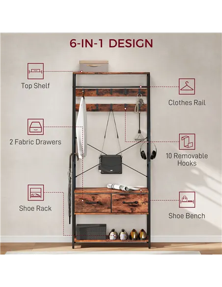 HOMCOM 6-in-1 Industrial-Style Hallway Organiser - Brown/Black