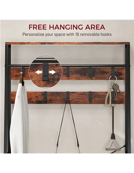 HOMCOM 6-in-1 Industrial-Style Hallway Organiser - Brown/Black