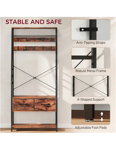 HOMCOM 6-in-1 Industrial-Style Hallway Organiser - Brown/Black