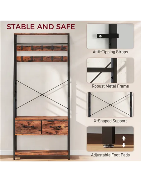 HOMCOM 6-in-1 Industrial-Style Hallway Organiser - Brown/Black