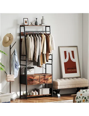 HOMCOM 6-in-1 Industrial-Style Hallway Organiser - Brown/Black