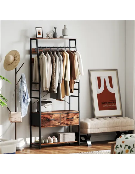 HOMCOM 6-in-1 Industrial-Style Hallway Organiser - Brown/Black