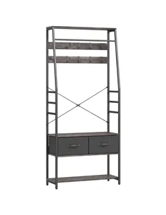 HOMCOM Coat Rack with Shoe Storage, Hall Tree, Industrial Coat Stand with Shoe Bench, 10 Removable Hooks, 2 Fabric Drawers and C