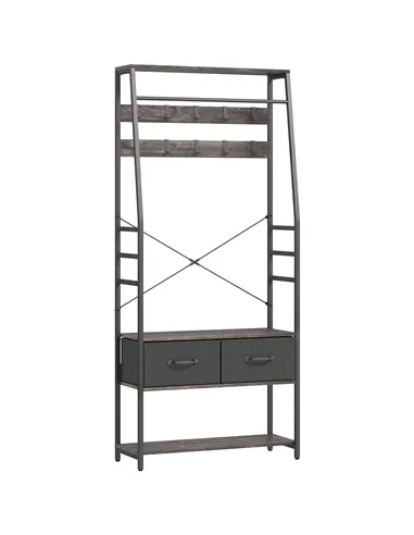 HOMCOM Coat Rack with Shoe Storage, Hall Tree, Industrial Coat Stand with Shoe Bench, 10 Removable Hooks, 2 Fabric Drawers and C