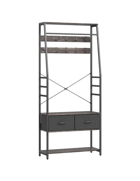 HOMCOM Coat Rack with Shoe Storage, Hall Tree, Industrial Coat Stand with Shoe Bench, 10 Removable Hooks, 2 Fabric Drawers and C