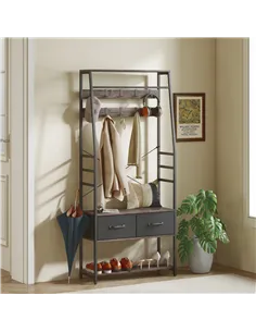 HOMCOM Coat Rack with Shoe Storage, Hall Tree, Industrial Coat Stand with Shoe Bench, 10 Removable Hooks, 2 Fabric Drawers and C 2