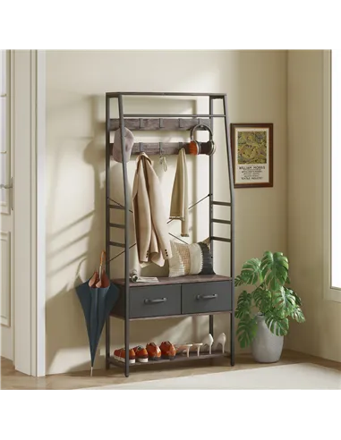 HOMCOM Coat Rack with Shoe Storage, Hall Tree, Industrial Coat Stand with Shoe Bench, 10 Removable Hooks, 2 Fabric Drawers and C