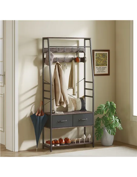 HOMCOM Coat Rack with Shoe Storage, Hall Tree, Industrial Coat Stand with Shoe Bench, 10 Removable Hooks, 2 Fabric Drawers and C
