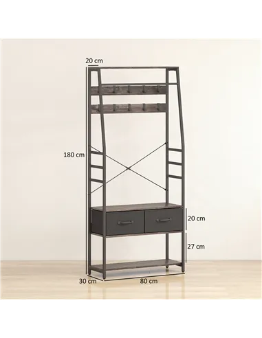 HOMCOM Coat Rack with Shoe Storage, Hall Tree, Industrial Coat Stand with Shoe Bench, 10 Removable Hooks, 2 Fabric Drawers and C