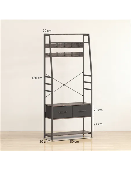 HOMCOM Coat Rack with Shoe Storage, Hall Tree, Industrial Coat Stand with Shoe Bench, 10 Removable Hooks, 2 Fabric Drawers and C