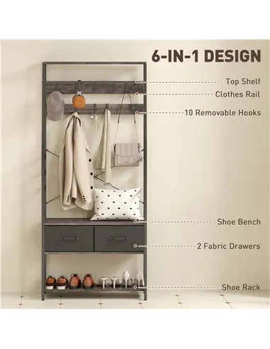 HOMCOM Coat Rack with Shoe Storage, Hall Tree, Industrial Coat Stand with Shoe Bench, 10 Removable Hooks, 2 Fabric Drawers and C