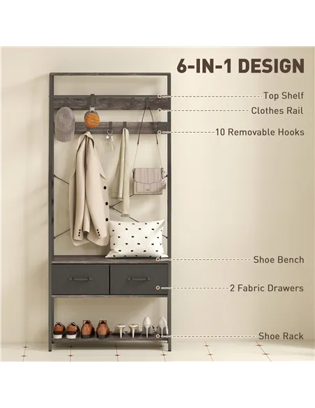 HOMCOM Coat Rack with Shoe Storage, Hall Tree, Industrial Coat Stand with Shoe Bench, 10 Removable Hooks, 2 Fabric Drawers and C