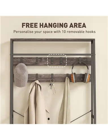 HOMCOM Coat Rack with Shoe Storage, Hall Tree, Industrial Coat Stand with Shoe Bench, 10 Removable Hooks, 2 Fabric Drawers and C