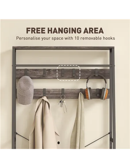 HOMCOM Coat Rack with Shoe Storage, Hall Tree, Industrial Coat Stand with Shoe Bench, 10 Removable Hooks, 2 Fabric Drawers and C