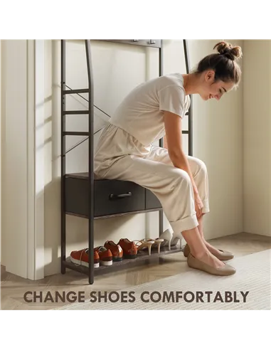 HOMCOM Coat Rack with Shoe Storage, Hall Tree, Industrial Coat Stand with Shoe Bench, 10 Removable Hooks, 2 Fabric Drawers and C