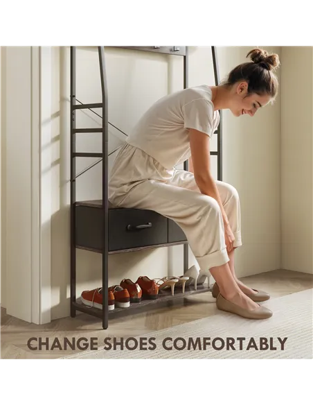 HOMCOM Coat Rack with Shoe Storage, Hall Tree, Industrial Coat Stand with Shoe Bench, 10 Removable Hooks, 2 Fabric Drawers and C